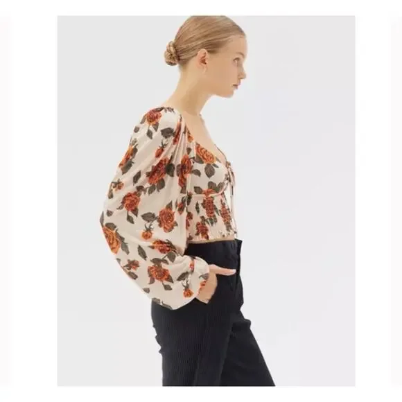 Urban Outfitters Old Soul Smocked Top M Womens Puff Sleeves Cinched Neckline NWT - Picture 2 of 6